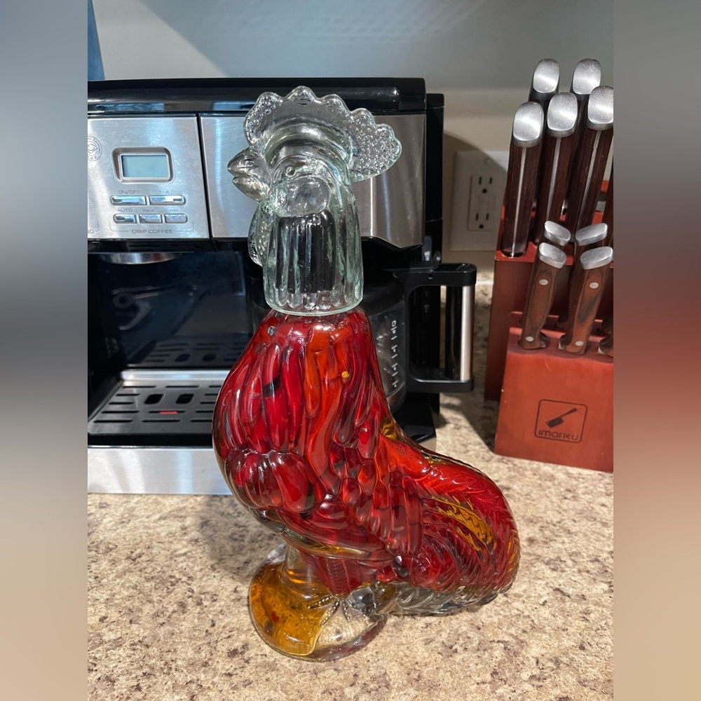 Chili Peppers Red In Vinegar Liquid Kitchen Decor Glass Bottle Rooster Food Art